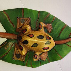 Hand made Wooden Frog on Leaf Hand Painted Made In Jamaica...2011